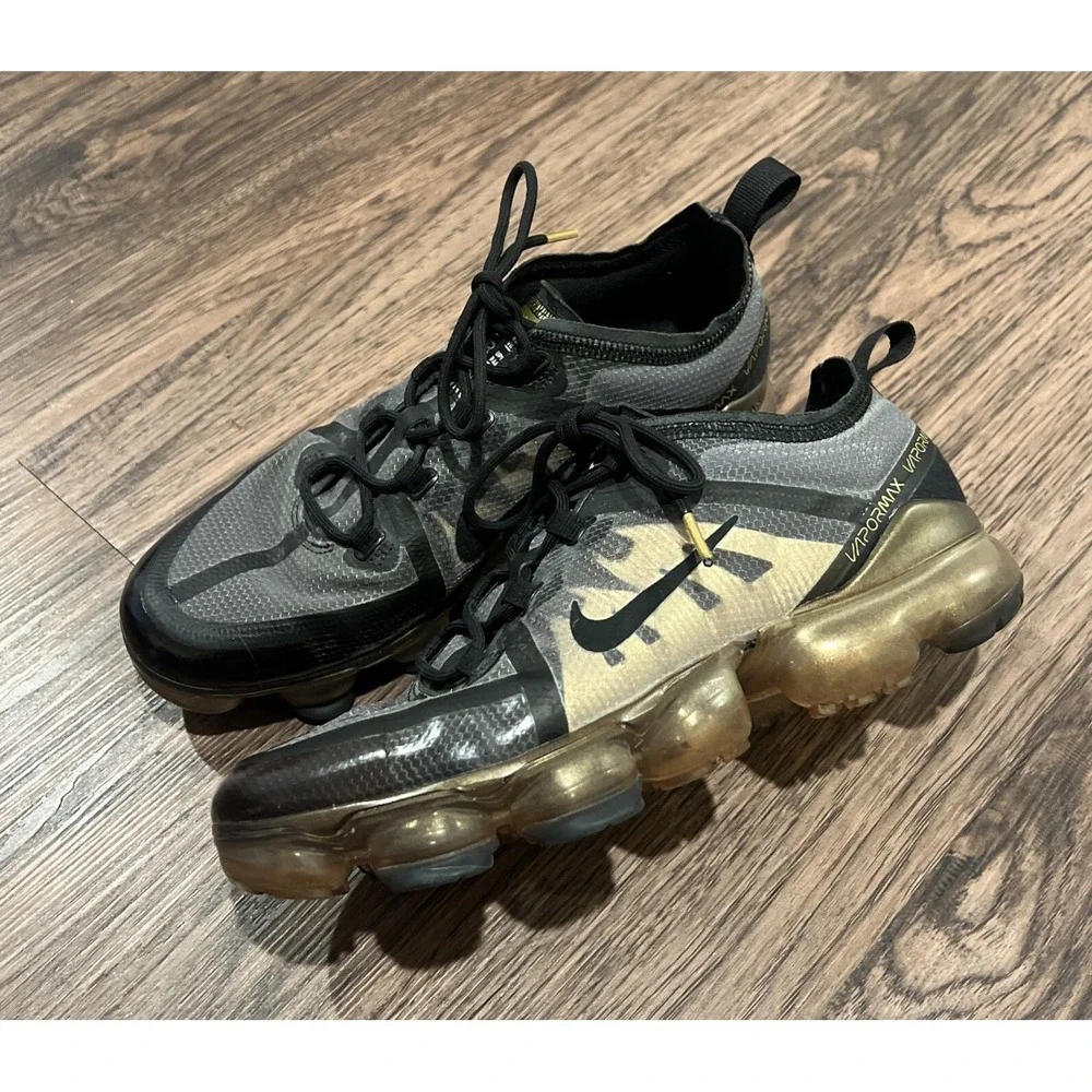 Nike Air VaporMax Black Gold Shoes Size 7Y AJ2616-006 Running Walking Shoes 2018